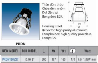 Thông số đèn downlight âm trần paragon PRDN160E27 Thông số đèn downlight âm trần paragon PRDN160E27