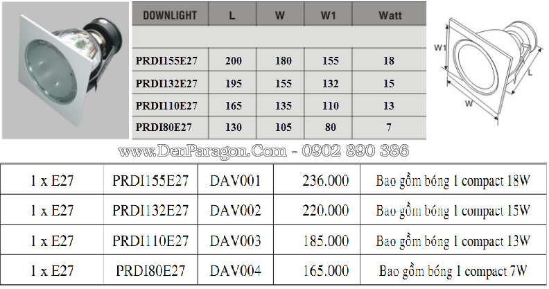 Thông số bảng giá đèn downlight âm trần có mặt kiếng Paragon-PRDI80E27.