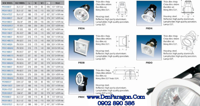 Thông số đèn downlight âm trần Paragon prda